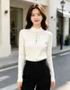 Suéter base de hilo de lana hilado en núcleo de dos piezas, manga larga, corte ajustado, jersey, elegante y moderno, cuello semi-alto, prenda de punto abotonada colorida para mujer