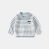 Suéter de Tricô Infantil com Gola Polo Listrada e Padrão de Coração, Estilo Primavera e Outono, Algodão Puro, Blusa para Meninos e Meninas, Suéter para Bebê Classe A
