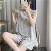 Pijamas de verano para mujer, de algodón fino y seda, con bonitos dibujos animados, sexys, estilo coreano, talla grande, de dos piezas, para el hogar.