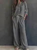 2026 Nuevo Conjunto de Moda Transfronteriza Europea y Americana para Mujer Estilo Casual Retro Perezoso Camisa de Manga Larga Lisa tipo Waffle y Pantalones