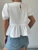 Camisa Corta Blanca de Mujer Hecha a Medida con Doble Lazo Abullonado, Manga Corta, Cuello Redondo, Dobladillo Fruncido, Estilo Francés Workwear