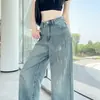 Jeans Feminino Wide Leg Rasgado Leve Cintura Alta Nova Coleção Primavera/Verão 2025 Calça Reta Casual Solta Emagrecedora