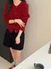 Cárdigan de Punto Azul con Cuello Redondo para Mujer, Nuevo Estilo 2026 Suéter de Lana con Punto Trenzado y Logo de Caballo Bordado