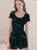 [2 Colores] Nuevo Traje de Baño de Una Pieza con Pliegues de Encaje de Manga Corta Estilo Dulce de Diseñador Coreano para Mujer