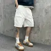 Shorts de Mezclilla Blancos Originales Lavado Pesado Sueltos Tipo Cargo Unisex Salpicaduras de Pintura Junta de Bambú Bolsillo Grande A la Rodilla