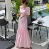 Estilo Chic Coreano 2026 Verano Nuevo Versión Coreana Vestido Sexy de Sirena con Cuello Cuadrado y Mangas Abullonadas