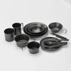 Juego de Platos Negros Portátiles para Exteriores Acero Inoxidable Retro Tazón Sierra Recubierto de Titanio Estilo Lujo Ligero Vajilla Negra Mate