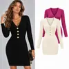 Vestido de tricô sexy com decote V transfronteiriço europeu e americano para mulheres, justo ao corpo e que valoriza a silhueta, bodycon de manga comprida, saia de baixo