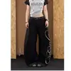 Jeans feminino de alta qualidade com estampa, estilo high street, afina a silhueta, perna larga com lettering, corte reto solto, estilo primavera e outono, corte curvo retrô americano