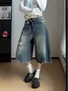 Jeans cropped de mujer estilo retro americano con borde crudo desgastado y rotos, shorts de verano de cintura alta holgados de pierna ancha de longitud media