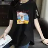 Comercio electrónico transfronterizo pedido final marca grande etiqueta cortada mostrador comercio exterior ropa de mamá para mujer camiseta de manga corta suelta con estampado de dibujos animados top