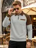 Camisa Polo Masculina de Tricô Waffle com Gola e Meio Zíper Estação Independente de Comércio Exterior Tamanho Grande Bloco de Cores Bolso Patch Moletom Casual