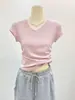 Camiseta Simples Lisa de Gola V Petite Versátil para Mulheres, Design de Manga Curta Franzido na Cintura Lateral de Verão, Top de Ombro Normal Emagrecedor