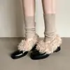 Mocassins Retrô Femininos com Forro de Pelúcia Sapatos de Algodão Quentes Bico Quadrado Slip-ons Salto Grosso Sapatos Pequenos de Couro