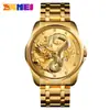 SKMEI Moda Estilo Chino Tótem Dragón Grabado Correa de Acero Inoxidable Reloj Calendario de Negocios para Hombre