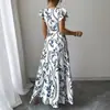 Primavera e Verão 2025 Amazon Novo Vestido Longo Estampado Sexy Emagrecedor com Decote V e Babados