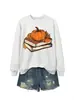 Amazon Wish sitio independiente moda elegante cómoda mujer calabaza hoja de arce estampado de dos libros cuello redondo manga larga sudadera
