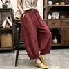 Pantalones de linterna de algodón y lino retro de moda, pantalones casuales holgados que estilizan, pantalones cortos, pantalones florales de encaje versátiles para mujer