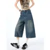 Pantalones cortos de mezclilla retro azules para mujer, estilo de verano fino, corte relajado, pierna ancha petite, forma de pera, que cubren la cadera, pantalones rectos de longitud media