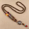Collar de cuentas con amuleto de la paz estilo vintage con diseños de Bodhi y loto, accesorio de ropa de algodón y lino, collar largo con cuentas de ala de pollo