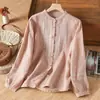 Elegante y única camisa de algodón y lino bordada con cuello mao, nueva colección de primavera para mujer, top retro y artístico de corte holgado con manga larga, moderno