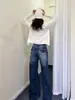 Jeans Reto Bordado Estilo Vibe Americana Retrô para Mulheres, Cintura Alta, Solto, Efeito Emagrecedor, Longo, Calças Extra Longas Comprimento Total