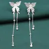 Brincos de borboleta com franja em prata de lei S925, modernos, simples, lisos, prateados, longos, design exclusivo, brincos de pino de orelha, brincos