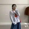 Moletom Branco-Cinza Redondo Estilo Chic Americano Preguiçoso para Mulheres 2026 Estilo Quente Outono/Inverno Solto Com Pelúcia Espessado Sem Capuz