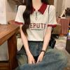 Chica gordita talla grande Verano Nuevo Moda Polo Camiseta Manga Corta Suelta Adelgazante Contraste Manga Camiseta Top Ropa de Mujer