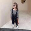 Traje de Niña Primavera y Otoño Bebé Elegante Personalizado Tendencia Marca Estilo Coreano Manga Volante Camiseta Básica Rayada Tirantes de Mezclilla