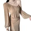 Vestido de hombros descubiertos estilo francés, corte ajustado, nueva colección primavera/verano, con cintura fruncida, mangas abullonadas y mangas largas, vestido largo para mujer