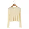 Cardigan de Tricô com Gola Redonda Franzida de Manga Longa, Estilo Suave, Protetor Solar, Nova Peça de Roupa Externa Top Slim Fit Curto de Cor Sólida para o Verão