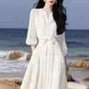 Vestido Sencillo y Elegante, Estilo Francés, Adecuado para Primavera y Verano, Chifón Blanco, Temperamento Femenino, Como una Diosa, Estilo Suave