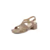 Sandalias de Tacón Grueso para Mujer 2024 Verano Nuevo Estilo Piel de Oveja Tacón Medio Punta Abierta Correa Tejida Romanas Vintage Sandalias para Mujer
