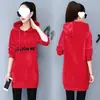 Vestido Suéter de Veludo Dourado de Comprimento Médio Tamanho Plus Size 200 Jin para Primavera e Outono Vestido com Capuz Casual Feminino