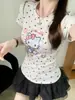 8535 # Nueva camiseta de verano estilo dulce con cuello redondo, estampado de lunares y dibujos animados, manga corta para mujer, corte ajustado con almohadilla fija en el pecho