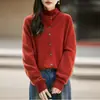 Cardigan de Tricô 100% Lã com Gola Reversível e Botões, Estilo Old Money, para Mulheres, Jovem e Estiloso, Caimento Solto, Tamanho Grande, Casaco Suéter Quente