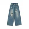Jeans retro azules rotos de pierna ancha para mujer, nuevo diseño de primavera/otoño, holgados y versátiles, pantalones casuales rectos de largo hasta el suelo