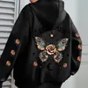Sudadera con capucha de venta al por mayor de fábrica con estampado floral de letras, Sudadera con capucha informal de manga larga con cordón y bolsillo tipo canguro
