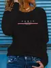 Camiseta Feminina Casual de Moda Primavera Outono Manga Longa Estampa de Letra Paris Gola Redonda Manga Longa