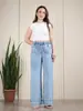 Calça Jeans Solta Wide-Leg com Cintura Elástica para Mulheres, Calça Reta com Cintura Elástica Ajustável por Cordão, Jeans Feminino Plus Size com Barra Desfiada