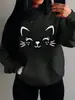 Moletom Feminino Longo de Lã para Primavera 2026 Moda Outono Inverno Moletom Casual Feminino com Bolso e Design de Gato Feliz