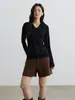 Camiseta Básica de Lana Acetato Tencel para Mujer con Cuello de Solapa, Elegante Camiseta de Manga Larga, Tejido de Punto a Rayas Otoño/Invierno, Agradable al Tacto, Corte Ajustado