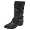 Novas botas de equitação de couro com fivela estilo comércio exterior, salto baixo, altura média da panturrilha para mulheres, botas de couro finas vintage de salto grosso para cross-border, Amazon