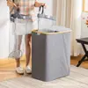 Cesta de Lavandería de Tela Oxford Caja de Almacenamiento Multifuncional con Asa de Bambú y Tapa para Guardar Ropa Sucia, Plegable y de Doble Apertura