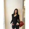 Camisa de Base de Manga Longa Mr [Veludo Canelado] para Mulheres Outono Inicial Camiseta Preta Slim Fit Top Chic de Alto Padrão