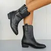 Botines cortos plisados con tachuelas negros para mujer, talla grande, otoño e invierno, punta cuadrada, tacón grueso, botines Chelsea sin cordones, estilo británico vintage, versátiles
