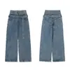 Jiamu Entra em Cena para Provar Jeans Americano Largo Cintura Média-Alta Design com Tira Azul Lavado Jeans Unissex para Homens