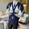 Cárdigan de punto con patrón de rombos estilo coreano para hombre, corte relajado, chaqueta suéter ligeramente holgada, chaqueta casual estilo "old money" japonés para hombre