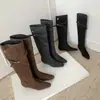 Botas de Caballero con Elevación Interior de Ante de Vaca para Mujer Botas Altas Estilo Nuevo 2025 Piel Genuina Punta Cuadrada Tacón Medio Botas Sin Rodilla para Mujer